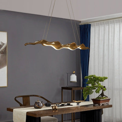 Traditional Japanese Fiberglass Silica Iron Wavey Drift Imitation Wood LED Chandeliers Island Light For Dining Room