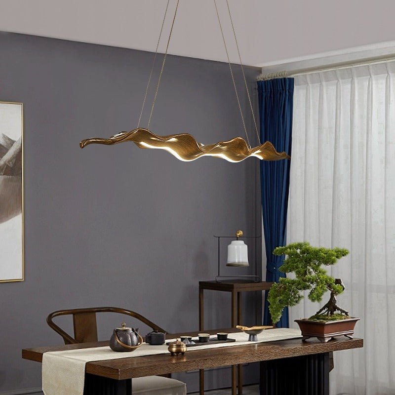 Traditional Japanese Fiberglass Silica Iron Wavey Drift Imitation Wood LED Chandeliers Island Light For Dining Room