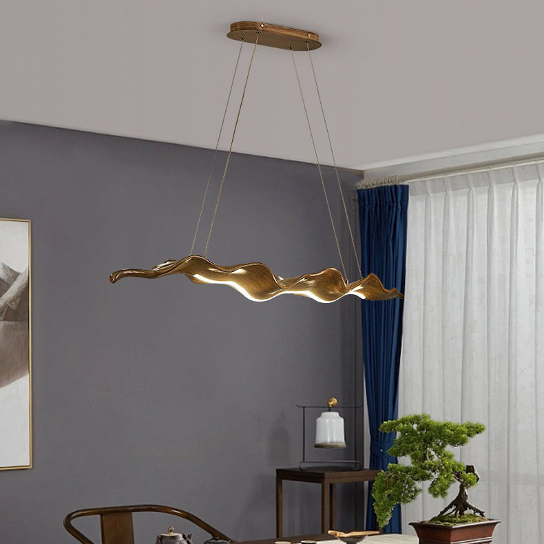 Traditional Japanese Fiberglass Silica Iron Wavey Drift Imitation Wood LED Chandeliers Island Light For Dining Room