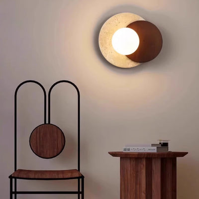Traditional Japanese Travertine Rubber Wood PE Disc 1-Light Wall Sconce Lamp For Hallway