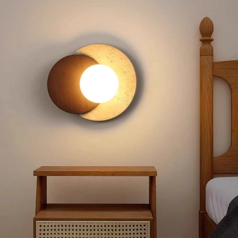 Traditional Japanese Travertine Rubber Wood PE Disc 1-Light Wall Sconce Lamp For Hallway