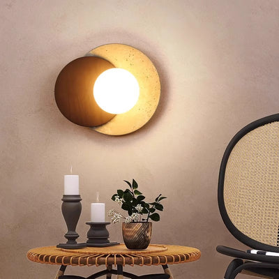 Traditional Japanese Travertine Rubber Wood PE Disc 1-Light Wall Sconce Lamp For Hallway
