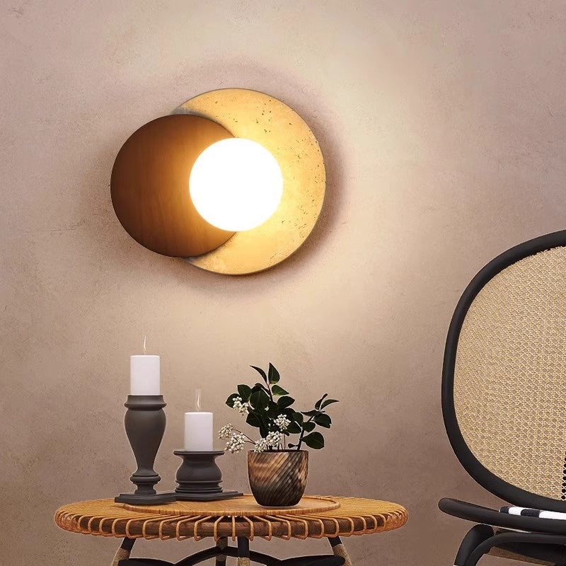 Traditional Japanese Travertine Rubber Wood PE Disc 1-Light Wall Sconce Lamp For Hallway