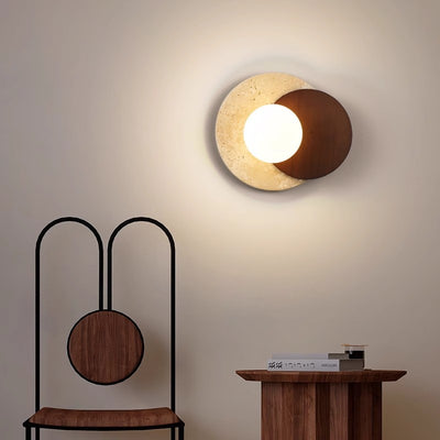 Traditional Japanese Travertine Rubber Wood PE Disc 1-Light Wall Sconce Lamp For Hallway