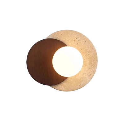 Traditional Japanese Travertine Rubber Wood PE Disc 1-Light Wall Sconce Lamp For Hallway