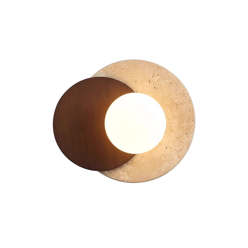 Traditional Japanese Travertine Rubber Wood PE Disc 1-Light Wall Sconce Lamp For Hallway