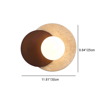 Traditional Japanese Travertine Rubber Wood PE Disc 1-Light Wall Sconce Lamp For Hallway