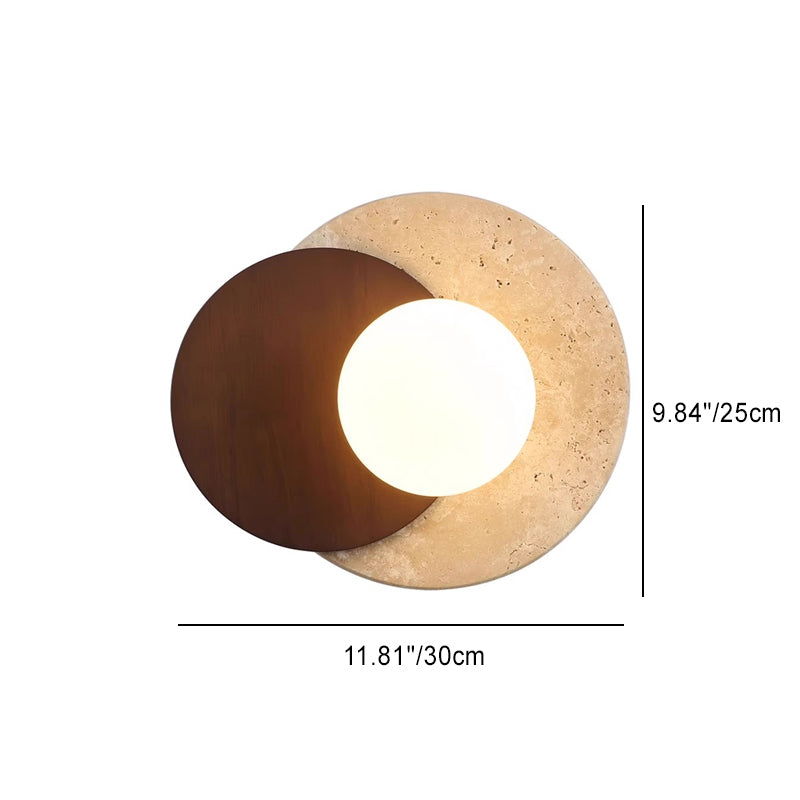 Traditional Japanese Travertine Rubber Wood PE Disc 1-Light Wall Sconce Lamp For Hallway