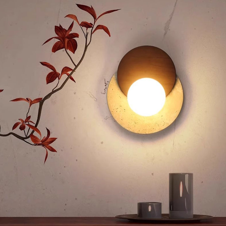 Traditional Japanese Travertine Rubber Wood PE Disc 1-Light Wall Sconce Lamp For Hallway