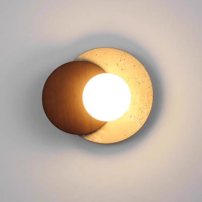 Traditional Japanese Travertine Rubber Wood PE Disc 1-Light Wall Sconce Lamp For Hallway