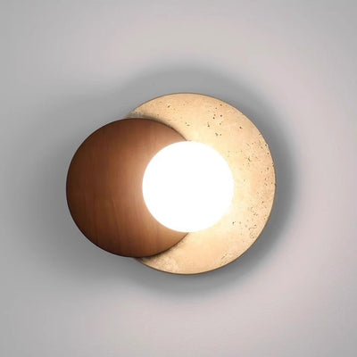 Traditional Japanese Travertine Rubber Wood PE Disc 1-Light Wall Sconce Lamp For Hallway