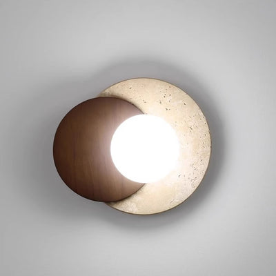 Traditional Japanese Travertine Rubber Wood PE Disc 1-Light Wall Sconce Lamp For Hallway