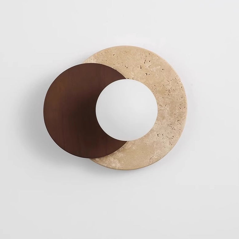 Traditional Japanese Travertine Rubber Wood PE Disc 1-Light Wall Sconce Lamp For Hallway