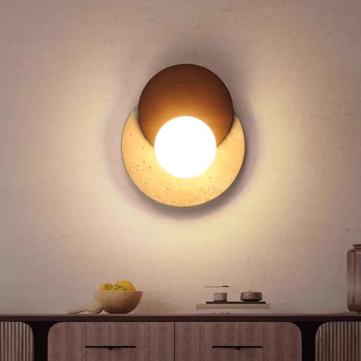 Applique murale 1 lumière en bois de caoutchouc travertin japonais traditionnel avec disque PE pour couloir 