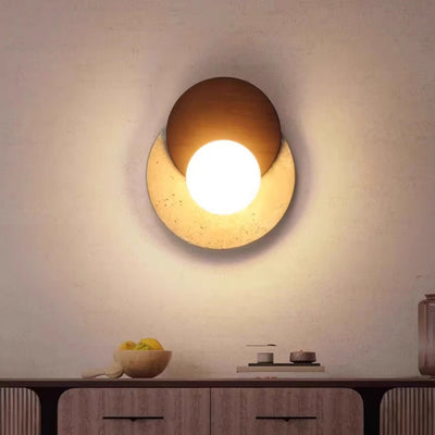 Traditional Japanese Travertine Rubber Wood PE Disc 1-Light Wall Sconce Lamp For Hallway