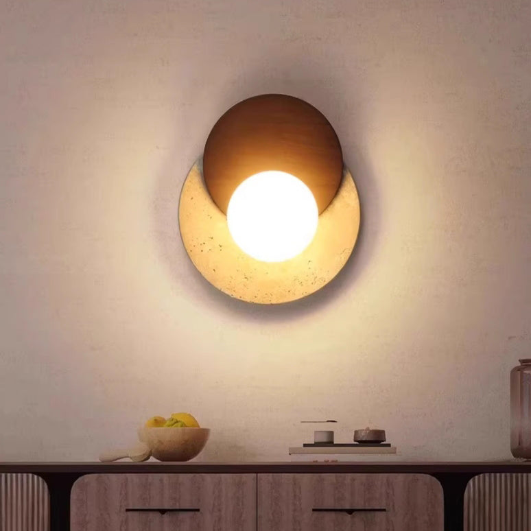 Traditional Japanese Travertine Rubber Wood PE Disc 1-Light Wall Sconce Lamp For Hallway