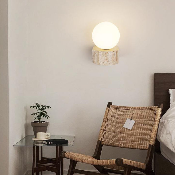 Traditional Japanese Travertine Glass Ball 1-Light Wall Sconce Lamp For Bedside