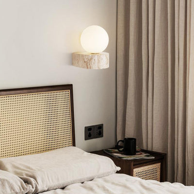 Traditional Japanese Travertine Glass Ball 1-Light Wall Sconce Lamp For Bedside