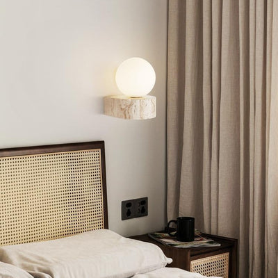 Traditional Japanese Travertine Glass Ball 1-Light Wall Sconce Lamp For Bedside