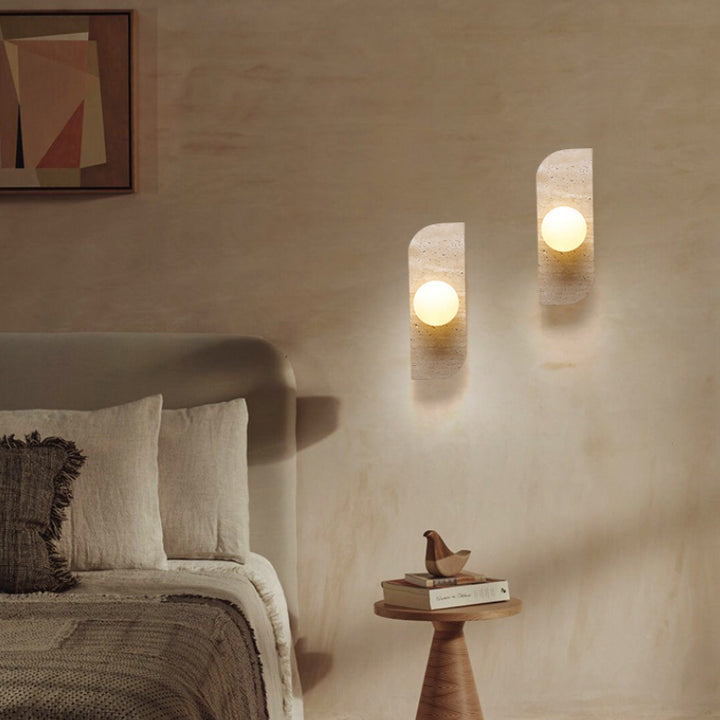 Contemporary Nordic Travertine Glass Strip Ball 1/2/3 Light Wall Sconce Lamp For Hallway