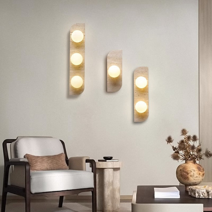 Contemporary Nordic Travertine Glass Strip Ball 1/2/3 Light Wall Sconce Lamp For Hallway