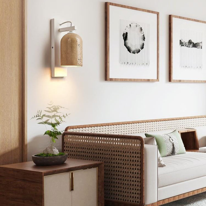 Traditionelle japanische Travertin-Walnuss-Zylinder 1-Licht-Wandleuchte für das Bett 