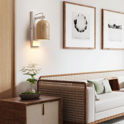 Traditional Japanese Travertine Walnut Cylinder 1-Light Wall Sconce Lamp For Bedside