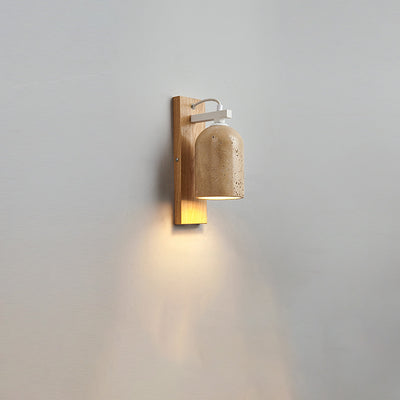 Traditional Japanese Travertine Walnut Cylinder 1-Light Wall Sconce Lamp For Bedside