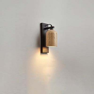 Traditional Japanese Travertine Walnut Cylinder 1-Light Wall Sconce Lamp For Bedside