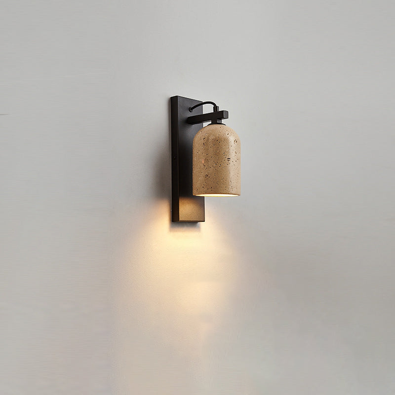 Traditional Japanese Travertine Walnut Cylinder 1-Light Wall Sconce Lamp For Bedside