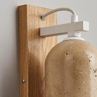 Traditional Japanese Travertine Walnut Cylinder 1-Light Wall Sconce Lamp For Bedside