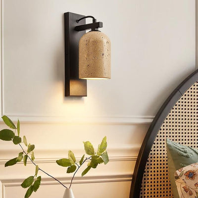 Traditional Japanese Travertine Walnut Cylinder 1-Light Wall Sconce Lamp For Bedside