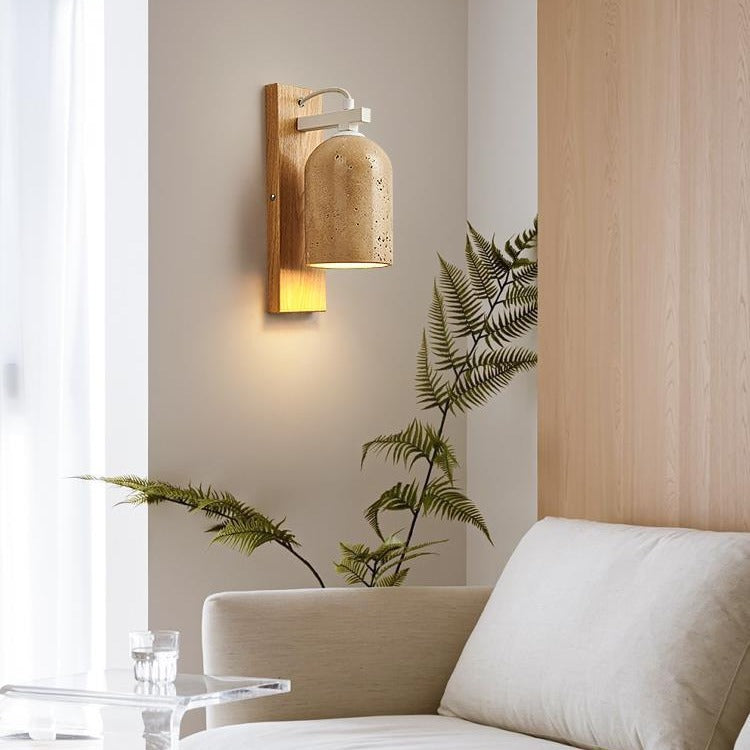 Traditional Japanese Travertine Walnut Cylinder 1-Light Wall Sconce Lamp For Bedside