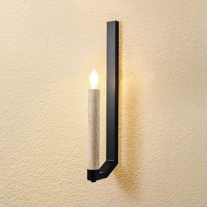 Applique murale contemporaine rétro en travertin et fer avec bougeoir courbé à 1 lumière pour couloir 
