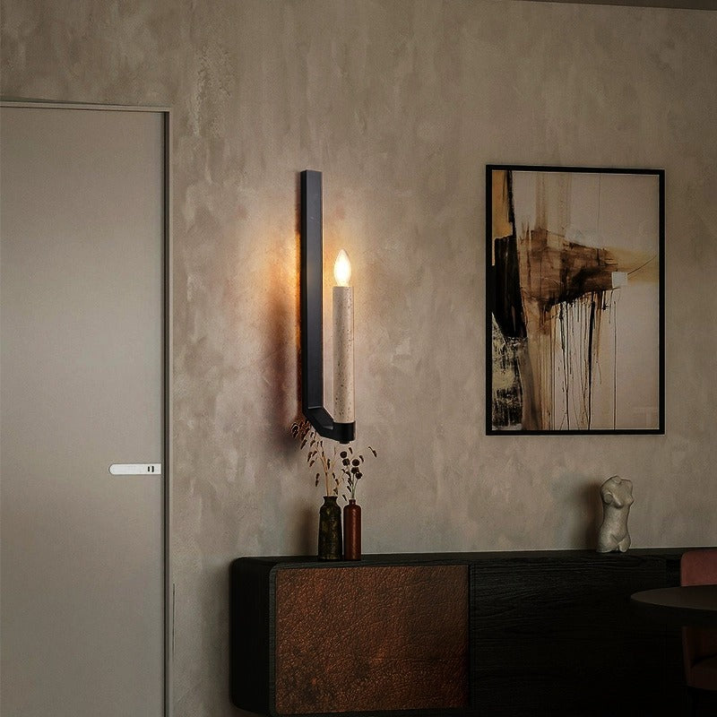 Applique murale contemporaine rétro en travertin et fer avec bougeoir courbé à 1 lumière pour couloir 