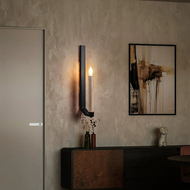 Applique murale contemporaine rétro en travertin et fer avec bougeoir courbé à 1 lumière pour couloir 