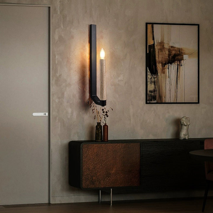 Applique murale contemporaine rétro en travertin et fer avec bougeoir courbé à 1 lumière pour couloir 