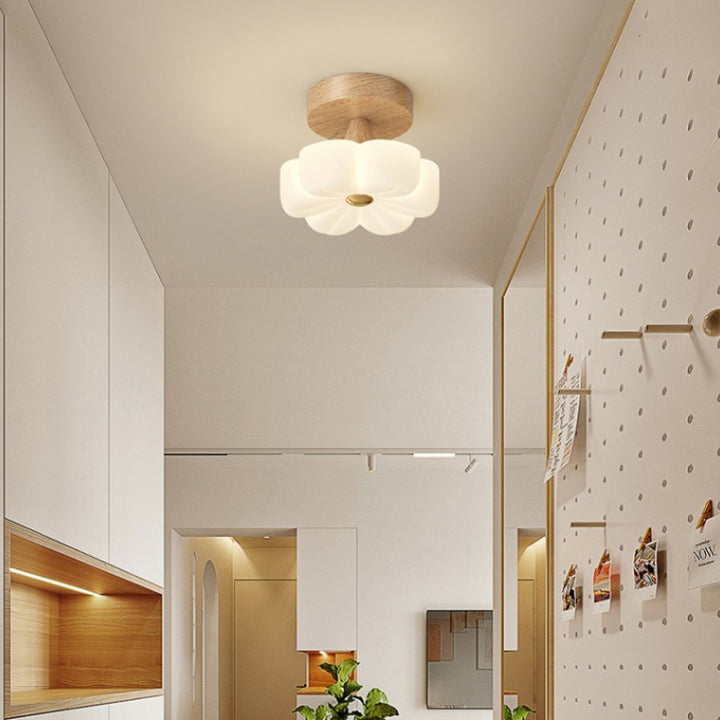 Plafonnier semi-encastré à LED avec branche de fleur en bois de caoutchouc nordique contemporain pour couloir 