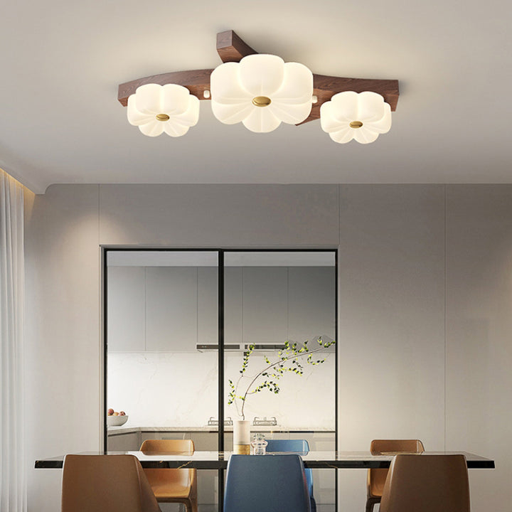 Plafonnier semi-encastré à LED avec branche de fleur en bois de caoutchouc nordique contemporain pour couloir 