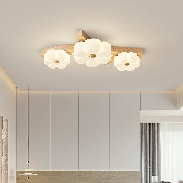 Plafonnier semi-encastré à LED avec branche de fleur en bois de caoutchouc nordique contemporain pour couloir 