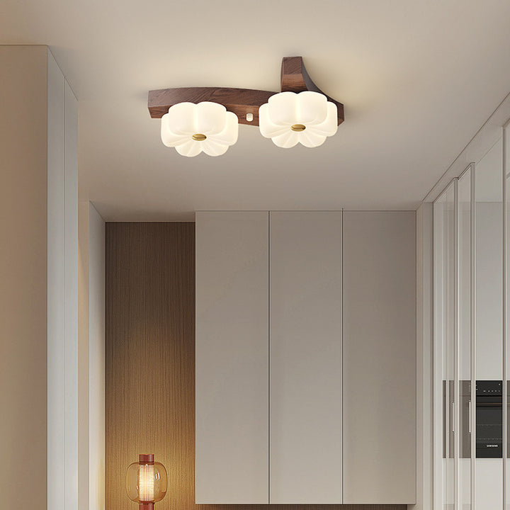 Plafonnier semi-encastré à LED avec branche de fleur en bois de caoutchouc nordique contemporain pour couloir 