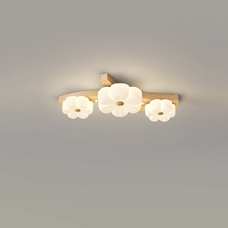 Plafonnier semi-encastré à LED avec branche de fleur en bois de caoutchouc nordique contemporain pour couloir 