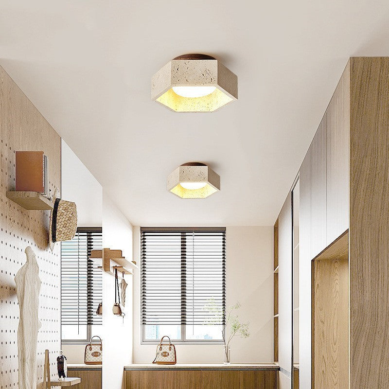 Traditional Japanese Travertine Hexagon 1-Light Semi-Flush Mount Ceiling Light For Hallway