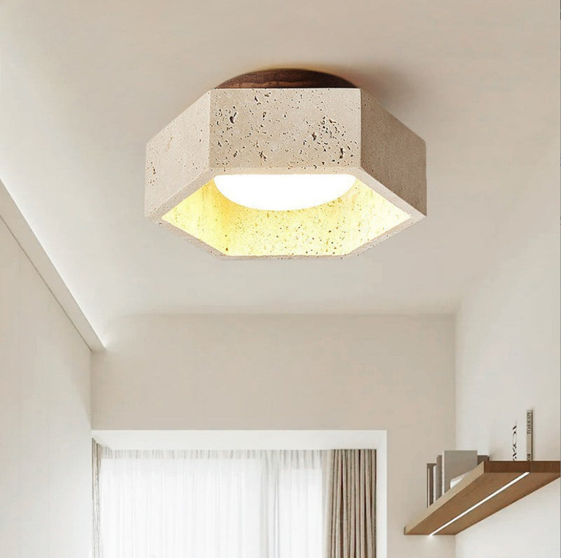 Traditional Japanese Travertine Hexagon 1-Light Semi-Flush Mount Ceiling Light For Hallway