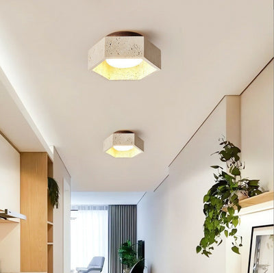 Traditional Japanese Travertine Hexagon 1-Light Semi-Flush Mount Ceiling Light For Hallway