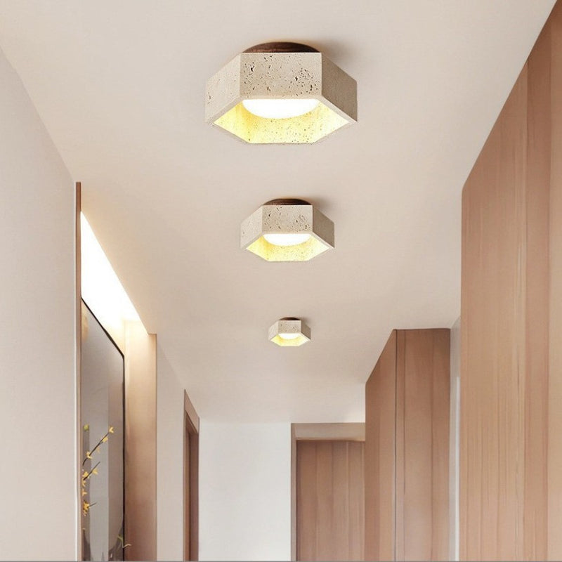 Traditional Japanese Travertine Hexagon 1-Light Semi-Flush Mount Ceiling Light For Hallway