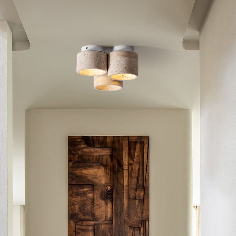 Traditional Japanese Travertine Iron Cylinder 3-Light Semi-Flush Mount Ceiling Light For Hallway