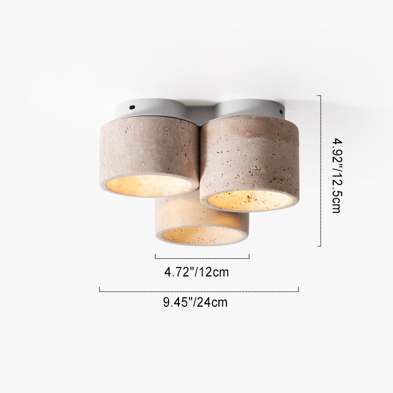 Traditional Japanese Travertine Iron Cylinder 3-Light Semi-Flush Mount Ceiling Light For Hallway