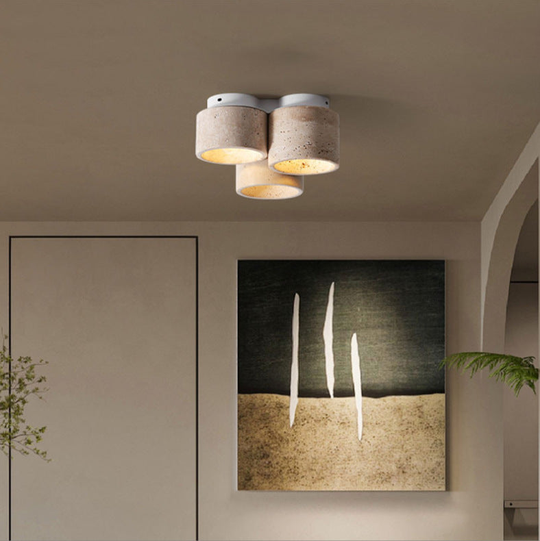Traditional Japanese Travertine Iron Cylinder 3-Light Semi-Flush Mount Ceiling Light For Hallway