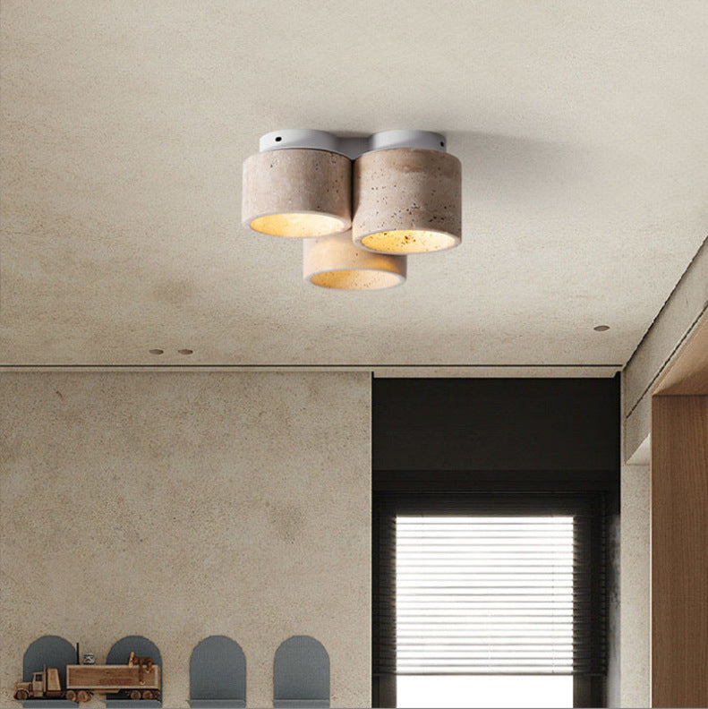 Traditional Japanese Travertine Iron Cylinder 3-Light Semi-Flush Mount Ceiling Light For Hallway
